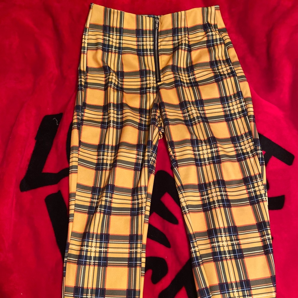 Yellow Plaid Zip Up Pants
